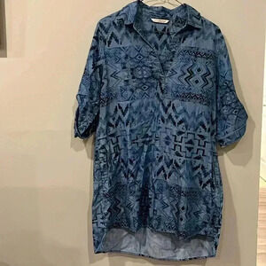 [S]Soft Surroundings  Aztec Geo Patterned Roll Tab Sleeve Lyocell SS Tunic Shirt